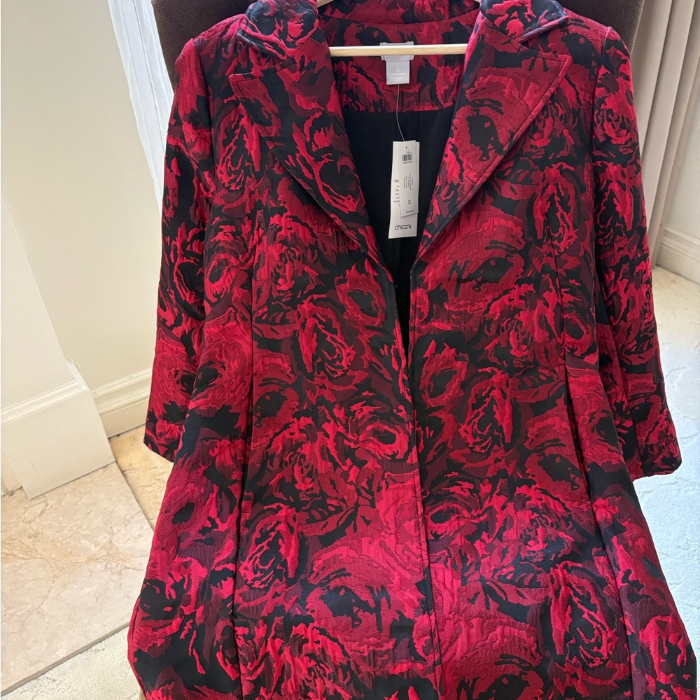 Chico's Red and Black Floral jacket/Trench Coat
